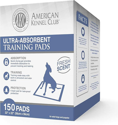 American Kennel Club Ultra Absorbent Odor Control Scented Training Pads For Dogs Leak-proof Quick Dry Gel – 22 x 22 Puppy Pads - Fresh Scented - Pack of 150