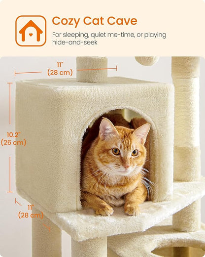 Feandrea Cat Tree, 59.5-Inch Tall Cat Tower, Plush Multi-Level Condo with 5 Scratching Posts, 2 Perches, 2 Caves, Hammock, 2 Pompoms, Beige UPCT192M01