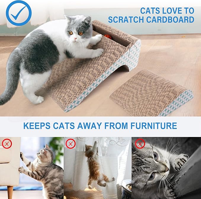 PrimePets Cat Scratcher Cardboard with Catnip, Removable Cat Scratching Pad with Ball, 2-in-1 Corrugated Cat Scratch Lounge Sofa Refill