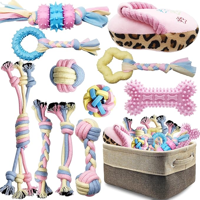 Puppy Chew Toys for Teething Puppy Toys Small Dog Rope Balls for Teething Chew Interactive Teeth Cleaning Tug Toys Storage Baske