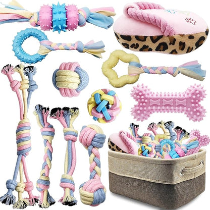 Puppy Chew Toys for Teething Puppy Toys Small Dog Rope Balls for Teething Chew Interactive Teeth Cleaning Tug Toys Storage Baske