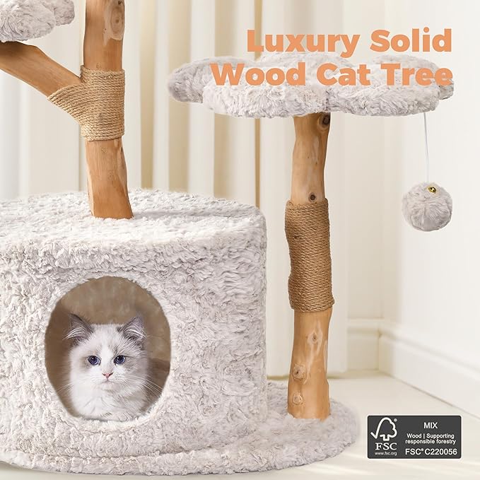 Easyego Modern Cat Tree, 43.3" Aesthetic Wood Cat Tree Tower for Large Cats, Luxury Cat Condo with Scratching Posts and Flower Platforms, Cat Furniture, Bullet Gray
