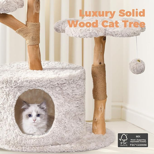 Easyego Modern Cat Tree, 43.3" Aesthetic Wood Cat Tree Tower for Large Cats, Luxury Cat Condo with Scratching Posts and Flower Platforms, Cat Furniture, Bullet Gray