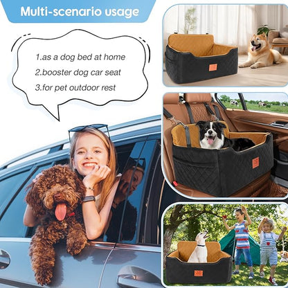GL GLENSLAVE Dog Car Seat for Medium/Large Dogs,Pet Booster Car Seats for Under 50lbs or 2 Small Dogs, Detachable and Washable Pet Bed,Multi-Functional Travel Dog Bed(Black/Brown)