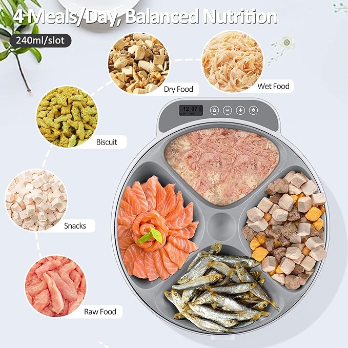 Automatic Cat Feeder Wet Food, Battery Operated Auto Feeder 4 Meals with 2 Ice Packs, Digital Cordless Pet Fresh Food Bowl for Cats Small Dogs with Programmable 12H/24H Format Timer-(Battery Included)