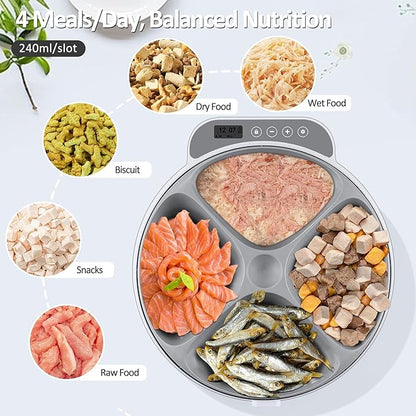 Automatic Cat Feeder Wet Food, Battery Operated Auto Feeder 4 Meals with 2 Ice Packs, Digital Cordless Pet Fresh Food Bowl for Cats Small Dogs with Programmable 12H/24H Format Timer-(Battery Included)