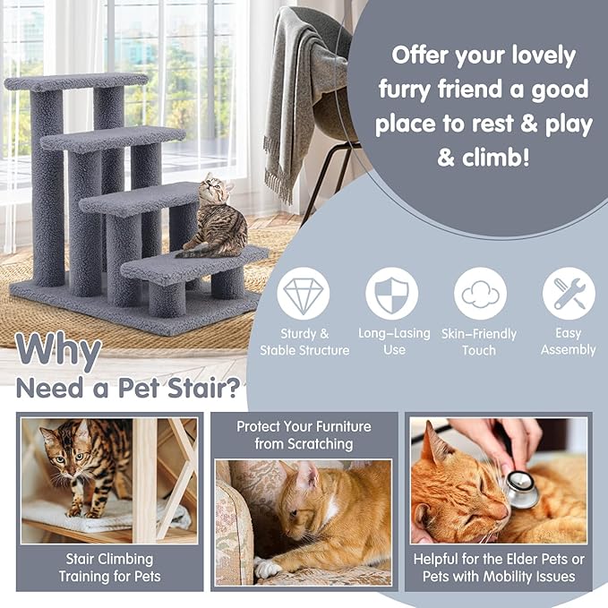 Tangkula Pet Stairs for Cats and Dogs, 4-Step Carpeted Ladder Ramp Cat Climber Cat Scratching Post, Multi-Step Dog Stairs for High Beds, Couch (Grey)