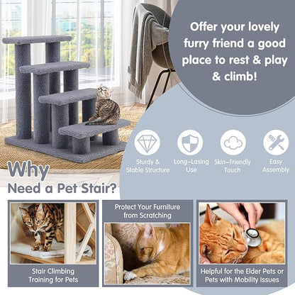 Tangkula Pet Stairs for Cats and Dogs, 4-Step Carpeted Ladder Ramp Cat Climber Cat Scratching Post, Multi-Step Dog Stairs for High Beds, Couch (Grey)
