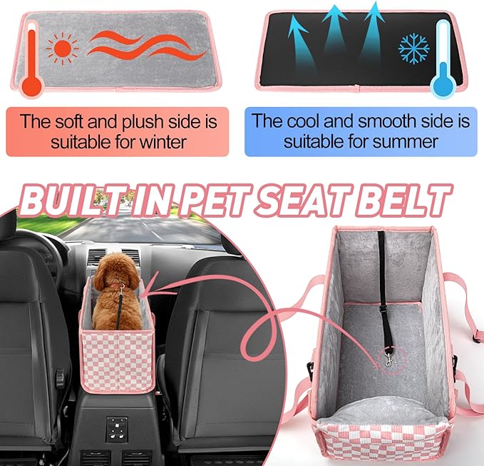Portable Dog Car Seat for Small Dogs - Pet Booster Seat with Safety Leash & Anti-Collapse Design, Washable Cushion - Center Console Car Travel Carrier for Pets Up to 12 lbs, Pink Checkered