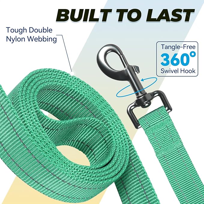 VIVAGLORY Dog Leash Twingrip Double Handle Dog Leash with Traffic Handle Control & 2 Loop for Walking & Training, Reflective Heavy Duty for Puppy Pet Collar, 6ft x 1in, Turquoise