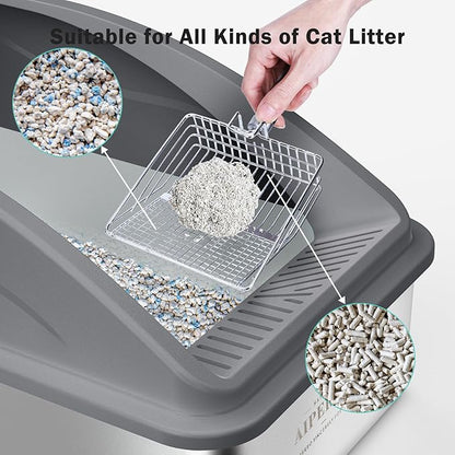 Stainless Steel Litter Box | XL Enclosed Cat Litter Boxs with Lid for Big Cats | High Sided, Anti-Urine Leakage | Non-Stick Bottom & Includes Litter Mat & Metal Scoop (Dark Gray)