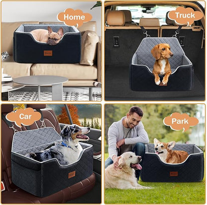 Persure Dog Car Seat for Large Medium Size Puppy Dog,Soft Fabric Dogs Bed Filling Memory Foam,2 Clip-On Safety Leashs and 2 Pockets,Removable and Washable Comfy Pet Travel Car Seat(Black, Large)