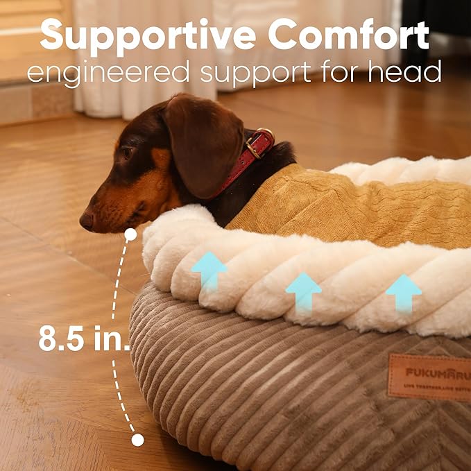 FUKUMARU Dog Bed, Calming Donut Dog Beds, Plush Faux Fur&Corduroy Cat Beds, Cute Round Washable Pet Bed for Large Cats and Small Dogs, Cat Cave with Anti-Slip Bottom, 25inch, Camel