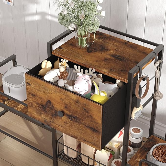 HOOBRO Raised Dog Bowl Stand with Storage, Lifted Feeding Station, Elevated Bowl Holder, 4 Adjustable Heights, for Large Medium Small Dogs, with 1 Drawer and 2 Hooks, Rustic Brown BF23PO03G1