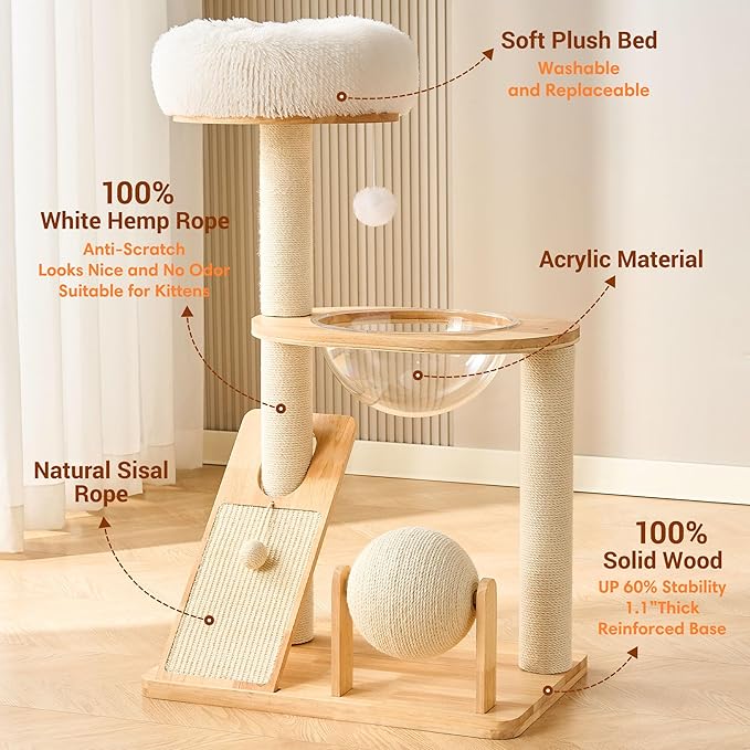 HITTITE Solid Wood Cat Tree Tower with Scratching Post, 37.8 Inches Tall Cat Towers with Scratching Board and Scratcher Ball, Modern Cat Tower With Space Capsule and Removable Top Bed for Indoor Cats.