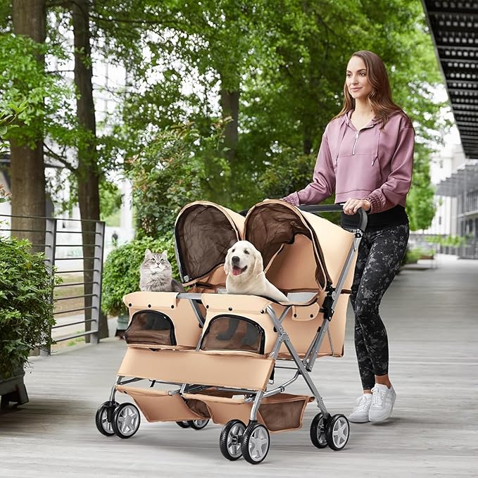 Double Pet Stroller for 2 Small Dogs & Cats, Side-by-Side Twin Travel Carriage with Safety Leashes, Mesh Windows & Double Storage Baskets, Lightweight & Foldable, 44lbs Capacity, White