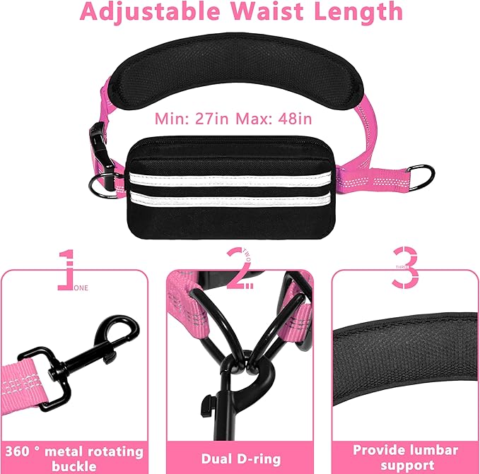 Hands Free Dog Leash with Zipper Pouch, Running Waist Leash for Dog Walking, Adjustable Waist Belt for Large Dogs, Reflective Bungee Design with Two Handle for Hiking, Training, Pink