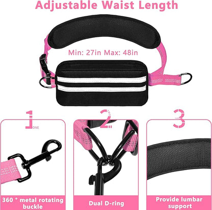 Hands Free Dog Leash with Zipper Pouch, Running Waist Leash for Dog Walking, Adjustable Waist Belt for Large Dogs, Reflective Bungee Design with Two Handle for Hiking, Training, Pink
