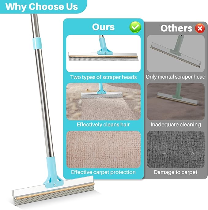 JOYMOOP Pet Hair Removal Tool, 63" Adjustable Long Handle Carpet Rake, Cat Dog Hair Carpet Rake with Metal and Silicone Scraper for Carpet, Sofa, Cloth