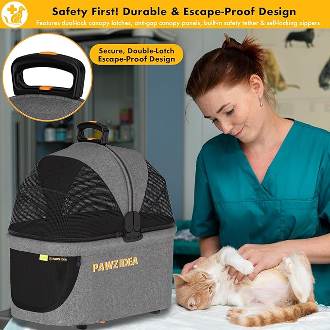 PAWZIDEA Portable Small Dog Crate for Car Travel up 33lbs, Enclosed Dog Car Seat Soft-Sided, Escape-Proof Reversible No-Zip Canopy, Foldable Pet Carrier Seatbelt for Small Medium Puppies & Cats Kennel