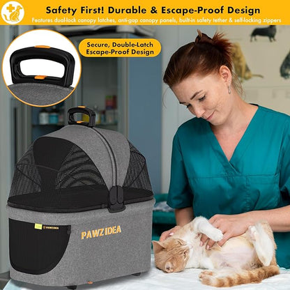 PAWZIDEA Portable Small Dog Crate for Car Travel up 33lbs, Enclosed Dog Car Seat Soft-Sided, Escape-Proof Reversible No-Zip Canopy, Foldable Pet Carrier Seatbelt for Small Medium Puppies & Cats Kennel