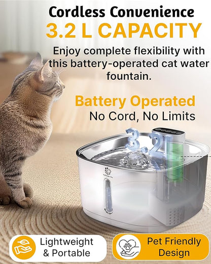 [Upgraded] Wireless Cat Water Fountain, 3.2L/108oz Battery Operated Pet Fountain Stainless Steel, Automatic Cat Drinking Fountain Cordless & Rechargeable with Motion Sensor, 2 Filters and 1 mat