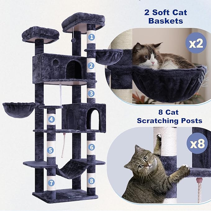 Tall Cat Tree, Large Cat Tower for Adult Cats, 80.7'' (205cm) Heavy-Duty Cat Tree House for Indoor Cats 20 lbs+ with Scratching Posts, 2 Top Perches/Condos, Hammcok, Smoky Gray GCT034G