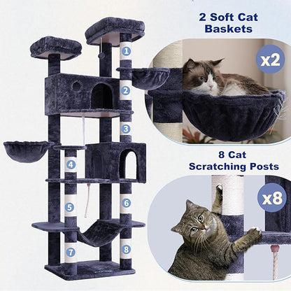 Tall Cat Tree, Large Cat Tower for Adult Cats, 80.7'' (205cm) Heavy-Duty Cat Tree House for Indoor Cats 20 lbs+ with Scratching Posts, 2 Top Perches/Condos, Hammcok, Smoky Gray GCT034G