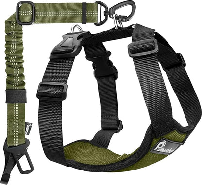 Pawaboo Dog Seat Belt Harness for Car, Dog Car Harness Seatbelt with Double Clips, Adjustable Breathable Pet Vest & Dogs Safety Tether with Elastic Bungee for Small Medium Large Pet, M,Green + Black