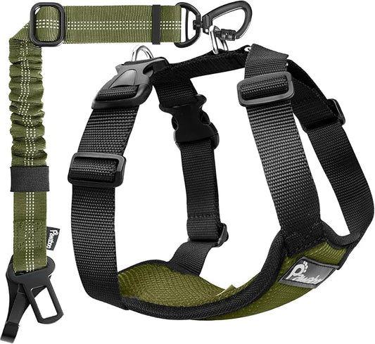 Pawaboo Dog Seat Belt Harness for Car, Dog Car Harness Seatbelt with Double Clips, Adjustable Breathable Pet Vest & Dogs Safety Tether with Elastic Bungee for Small Medium Large Pet, M,Green + Black