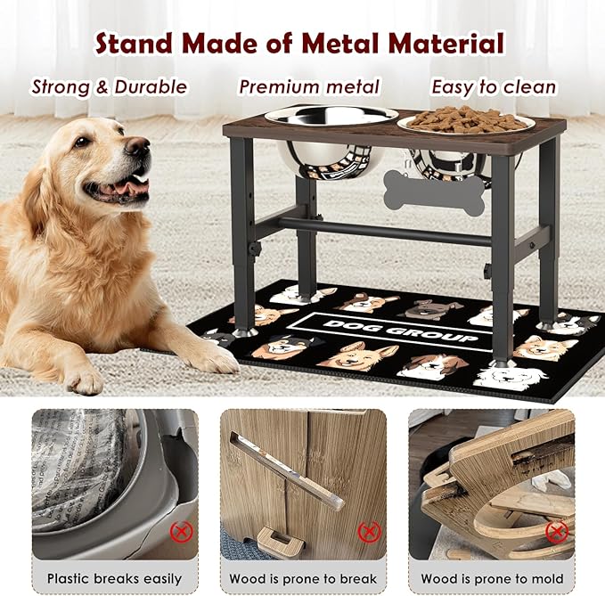 SHAINFUN Elevated Dog Bowls with Slow Feeder & Mat for Medium and Large Dogs, 12" Tall Adjustable Wooden & Metal Raised Dog Bowl Stand, 2 Stainless Steel 58oz Bowls for Food & Water