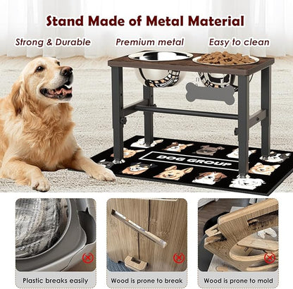 SHAINFUN Elevated Dog Bowls with Slow Feeder & Mat for Medium and Large Dogs, 12" Tall Adjustable Wooden & Metal Raised Dog Bowl Stand, 2 Stainless Steel 58oz Bowls for Food & Water