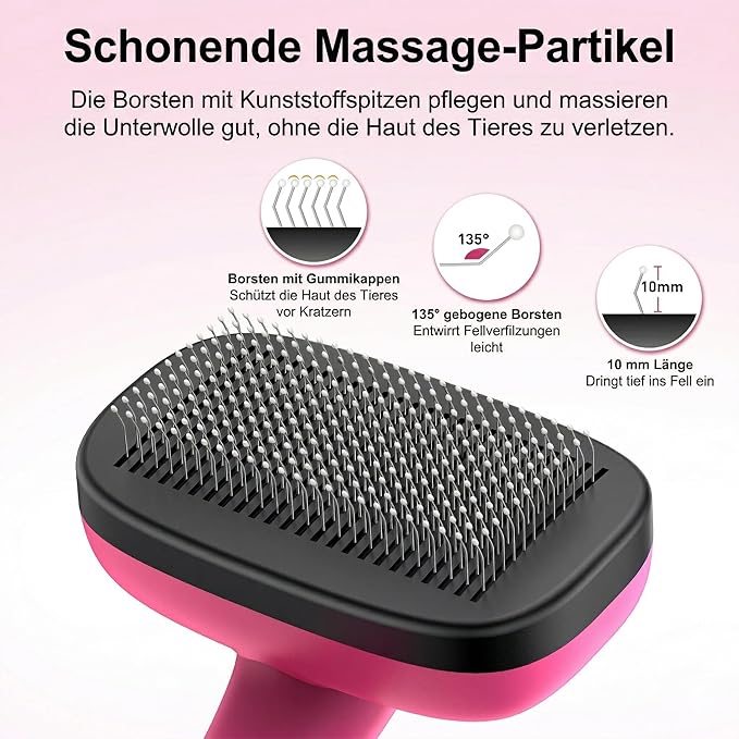 Self Cleaning Slicker Brush for Dog, Cat, Skin Friendly Shedding & Grooming Tool for Long and Short Haired Pets, Easy Clean Retractable Bristles, Pink