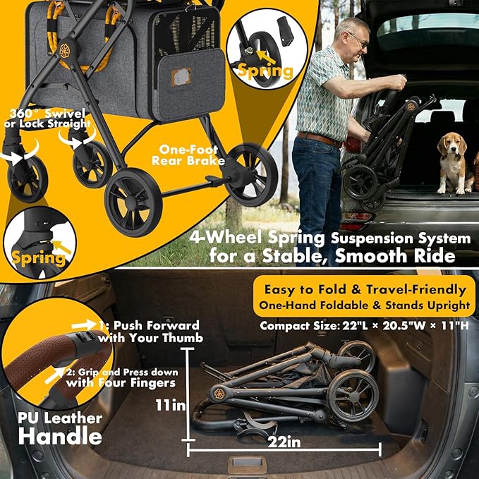 PAWZIDEA Double Pet Stroller with 2 Detachable Carrier, Lightweight Portable Travel Crate & Car Seat Combo & TSA-Approved Expandable Carrier, Foldable Jogger Stroller for 2–4 Cats or Small/Medium Dogs