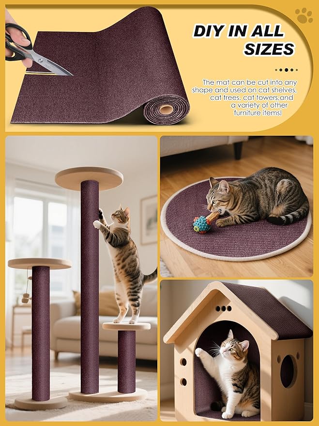 78.7"x15.8" Cat Scratch Mat, Trimmable Self-Adhesive Carpet, DIY Climb Cat Scratcher for Furniture Couch or Wall Protector, Covering Cat Scratching Post Replacement Pads (Brown)