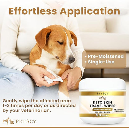 Petscy Keto Skin Travel Wipes - Antiseptic Dog Wipes for Paws, Ears, Facial Folds, Underarms & Other Sensitive Areas for Dogs & Cats – Aloe-Infused, Non-Greasy Formula (Travel)