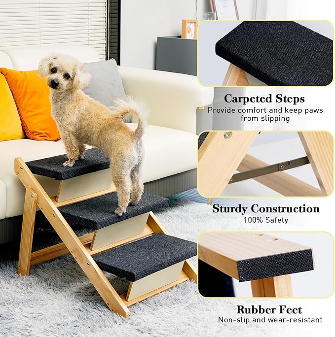 BRIKY 19.5" H Dog Stairs for Small Dogs, Non-Silp Wooden Dog Steps for Bed and Couch, Foldable 3-Step Pet Stairs for Medium Dogs and Old Cats, No Assembly Required
