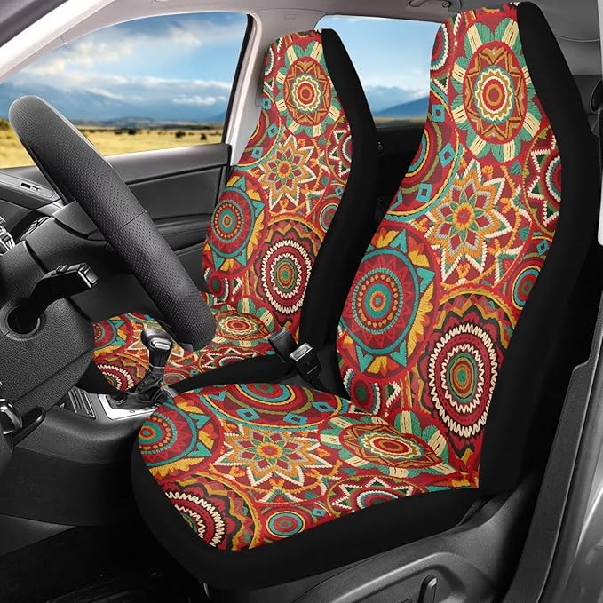 Dreaweet Boho Seat Covers for Cars Vintage Mandala Floral Pattern Car Front Seat Cover Washable Universal 2 Piece Bucket Seat Covers for Carseat Protection