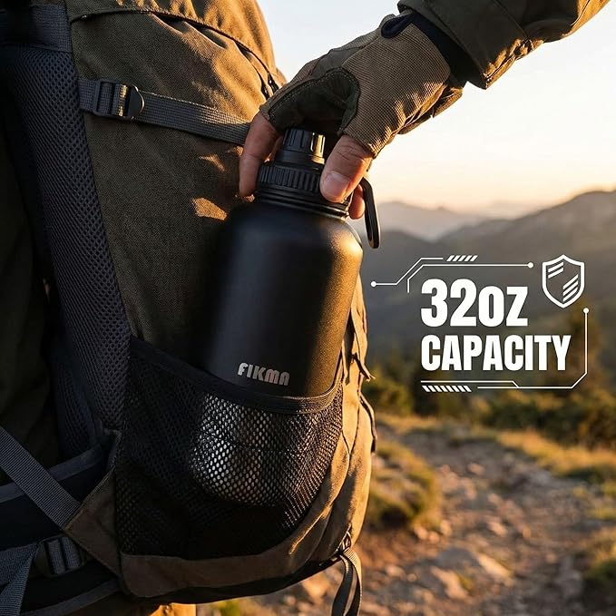 Insulated Dog Water Bottle with 2 Bowls, 32oz Insulated Stainless Steel Travel Bottle for Pets, Leak-Proof Portable Design for Hiking, Camping & Travel (Black)