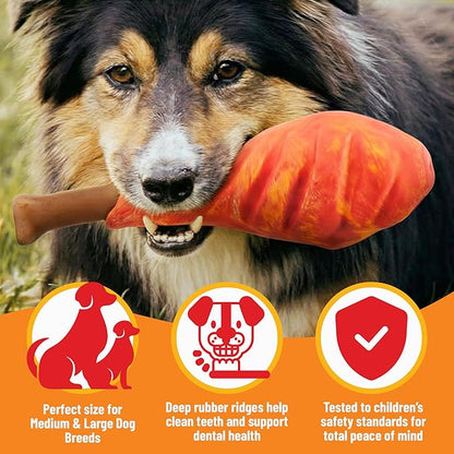 Smoked Turkey Leg Dog Chew Toy, Natural Rubber and Nylon, Medium, with Squeaker, for Dental Hygiene