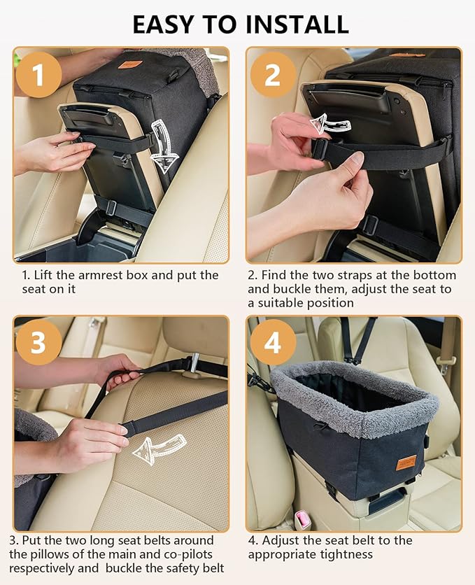 BurgeonNest Dog Carseat for Small Dog, Upgraded Console Pet Booster Seat with Metal Frame, Pet Carseat with Double Protection Seat Belts, Washable Cushion, Safety Leash and Storage Pocket(Large)