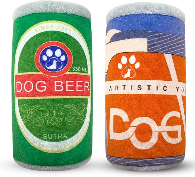 Squeaky Plush Dog Toys 2 Pack - Funny Beer Puppy Toys with Squeaker for Small Medium Large Dogs, Soft Stuffed Chew Toys for Birthday Gifts(Green&Grey)