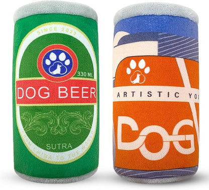 Squeaky Plush Dog Toys 2 Pack - Funny Beer Puppy Toys with Squeaker for Small Medium Large Dogs, Soft Stuffed Chew Toys for Birthday Gifts(Green&Grey)