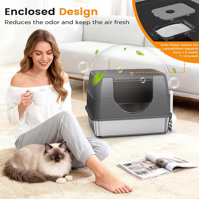 Stainless Steel Litter Box with Lid, Side Entry Large Enclosed Cat Litterbox for Kitty & Multi-Cat, Flip Cover Easy to Clean, High Sided Metal Cat Litter Pan with Scoop, Mat, Anti-Leakage, Non-Sticky