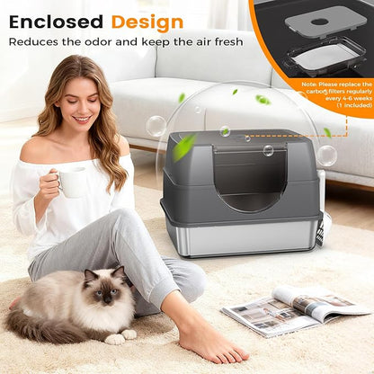 Stainless Steel Litter Box with Lid, Side Entry Large Enclosed Cat Litterbox for Kitty & Multi-Cat, Flip Cover Easy to Clean, High Sided Metal Cat Litter Pan with Scoop, Mat, Anti-Leakage, Non-Sticky
