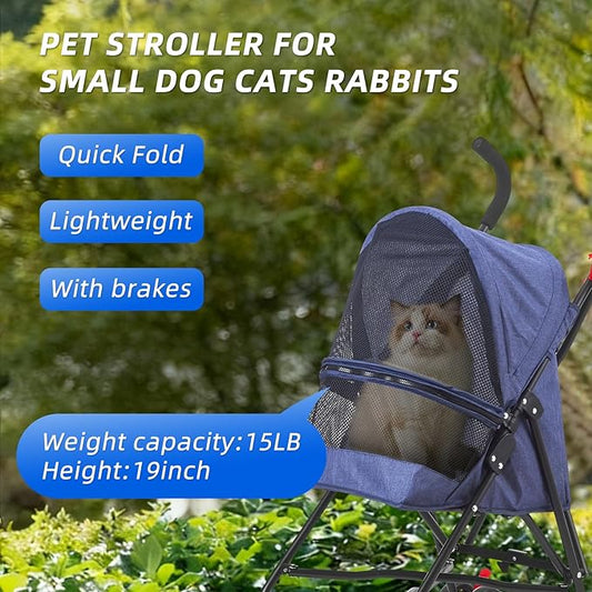Pet Stroller Oxford Cloth Foldable Dog Strollers for Small Dogs and Cats Suitable for All Road Surfaces Wide-View Panoramic Window 4 Wheels with Brakes Portable Design, Easy to Store (Blue)