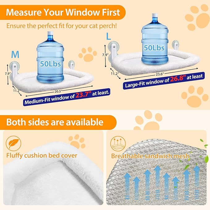 L&W BROS. 2PC Cat Window Perch Cushion Bed Cat Hammock with 4 Updated Suction Cups Easy to Assemble Window Bed for Heavy Large Cats (L 2Pc)