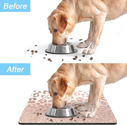Rnivvi Dog Food Mat, 12" x 19" Leopard Absorbent Dog Cat Bowl Mat for Food and Water, Cute Anti-Slip Rubber Pet Feeding Rug Protect Floors, Puppy Placemat for Feeding & Watering Supplies, Rose