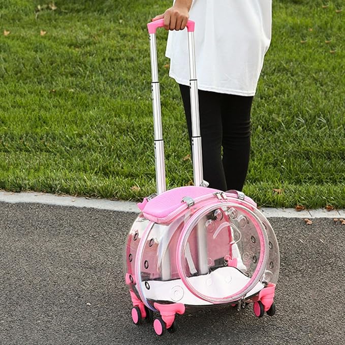 Pet Carrier with Wheels for Cats and Dogs, Clear Hard-Shell Rolling Pet Carrier with Retractable Handle, Airline-Approved Travel Carrier, Portable Cat and Dog Stroller (Pink)