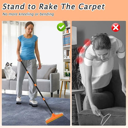 Carpet Rake for Pet Hair Removal - Reusable Pet Hair Remover, 60” Adjustable Long Handle Cat Dog Carpet Rake Scraper, Dog Hair Rake Brush for Rugs, Mats, Couch